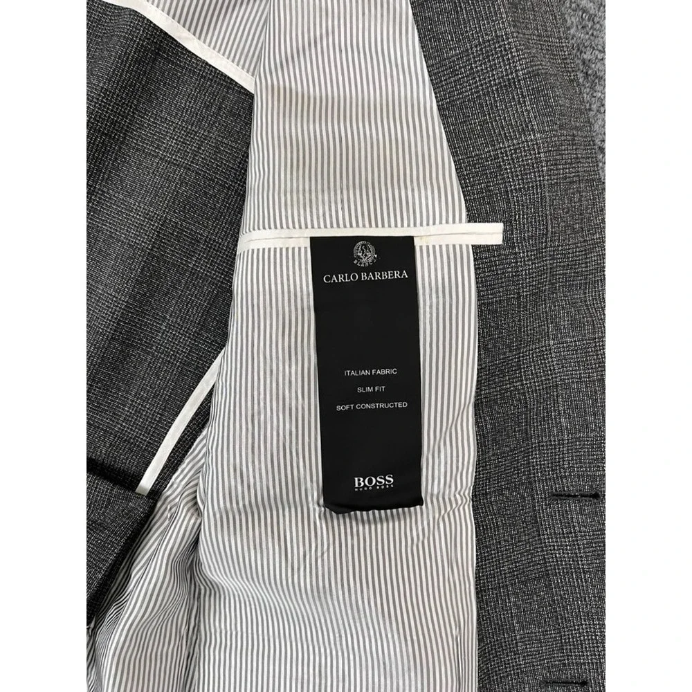 BOSS Carlo Barbera Slim Fit Italian Fabric Two Button Gray Plaid Wool Size 40‎ R